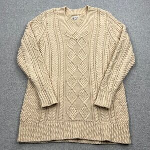 L.L. Bean Signature Sweater Womens Medium Beige Cable Chunky Fisherman V-Neck